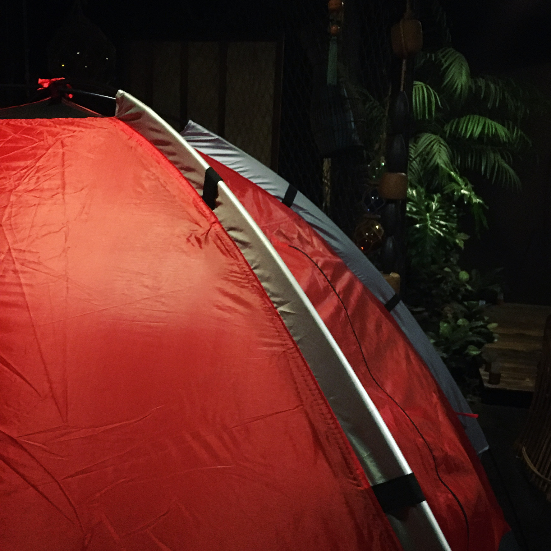 A red tent in a dark room with artificial jungle plants