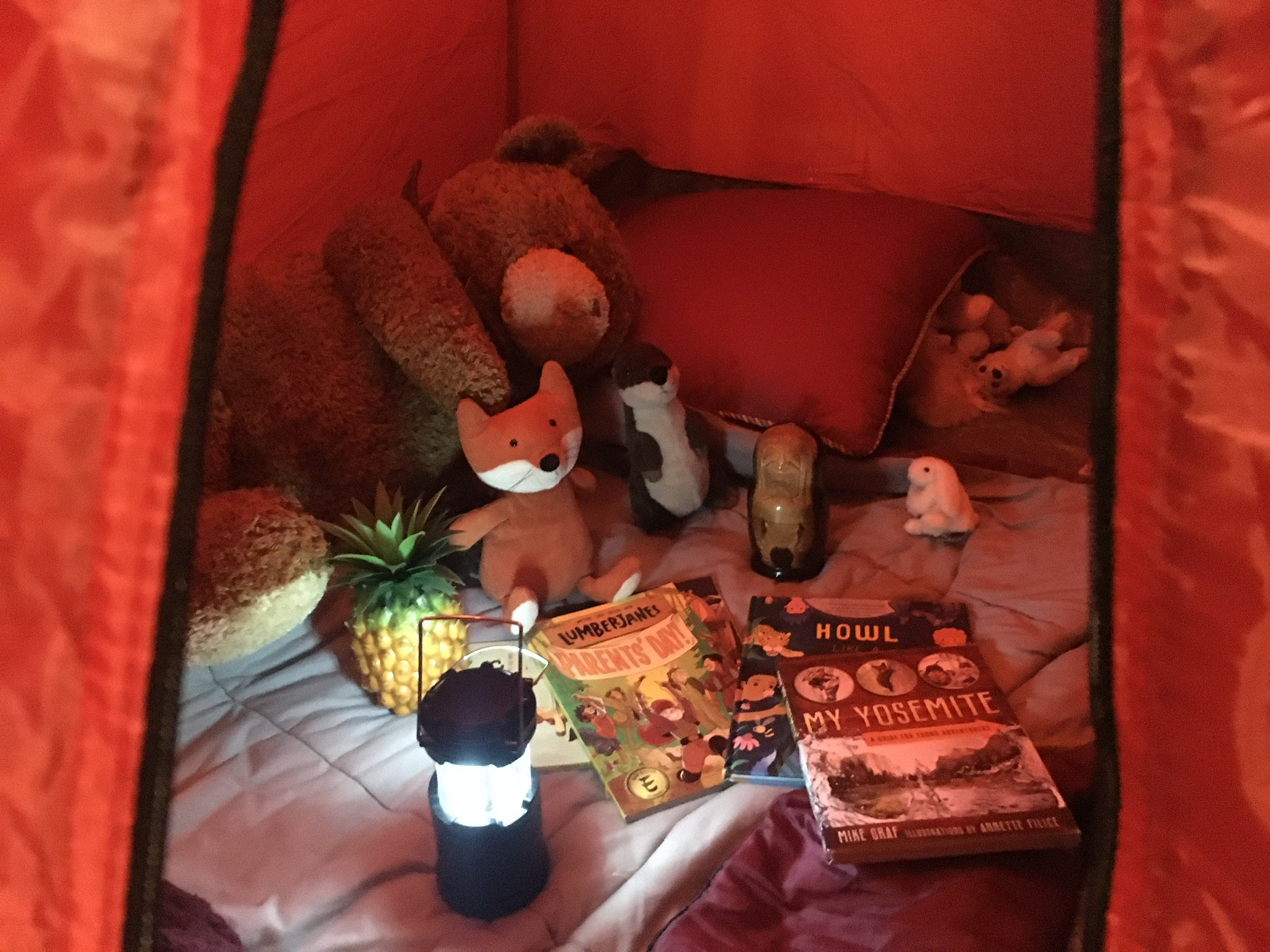 Inside a tent, with a sleeping bag, stuffed animals, a lantern, and some books