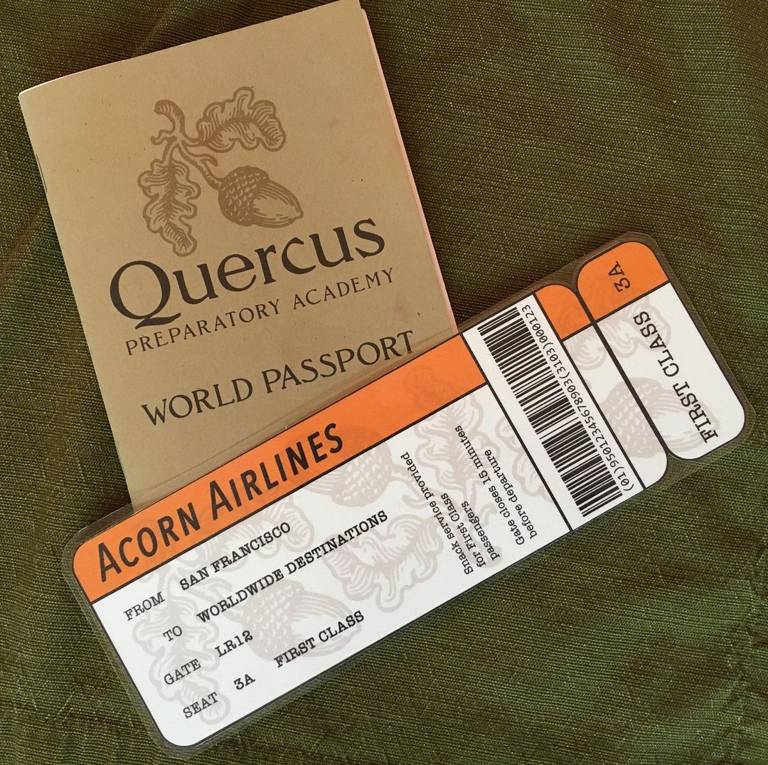 A homemade boarding pass and passport.