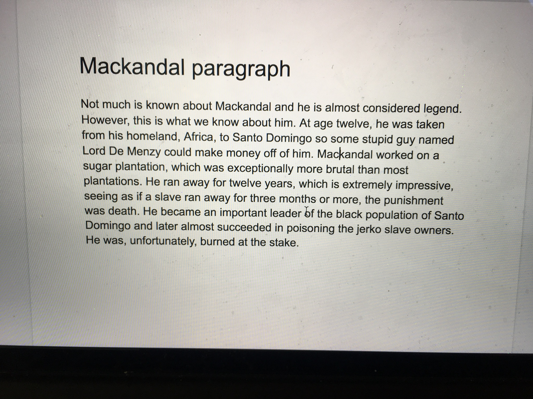 The first draft of Wanda's Mackandal paragraph