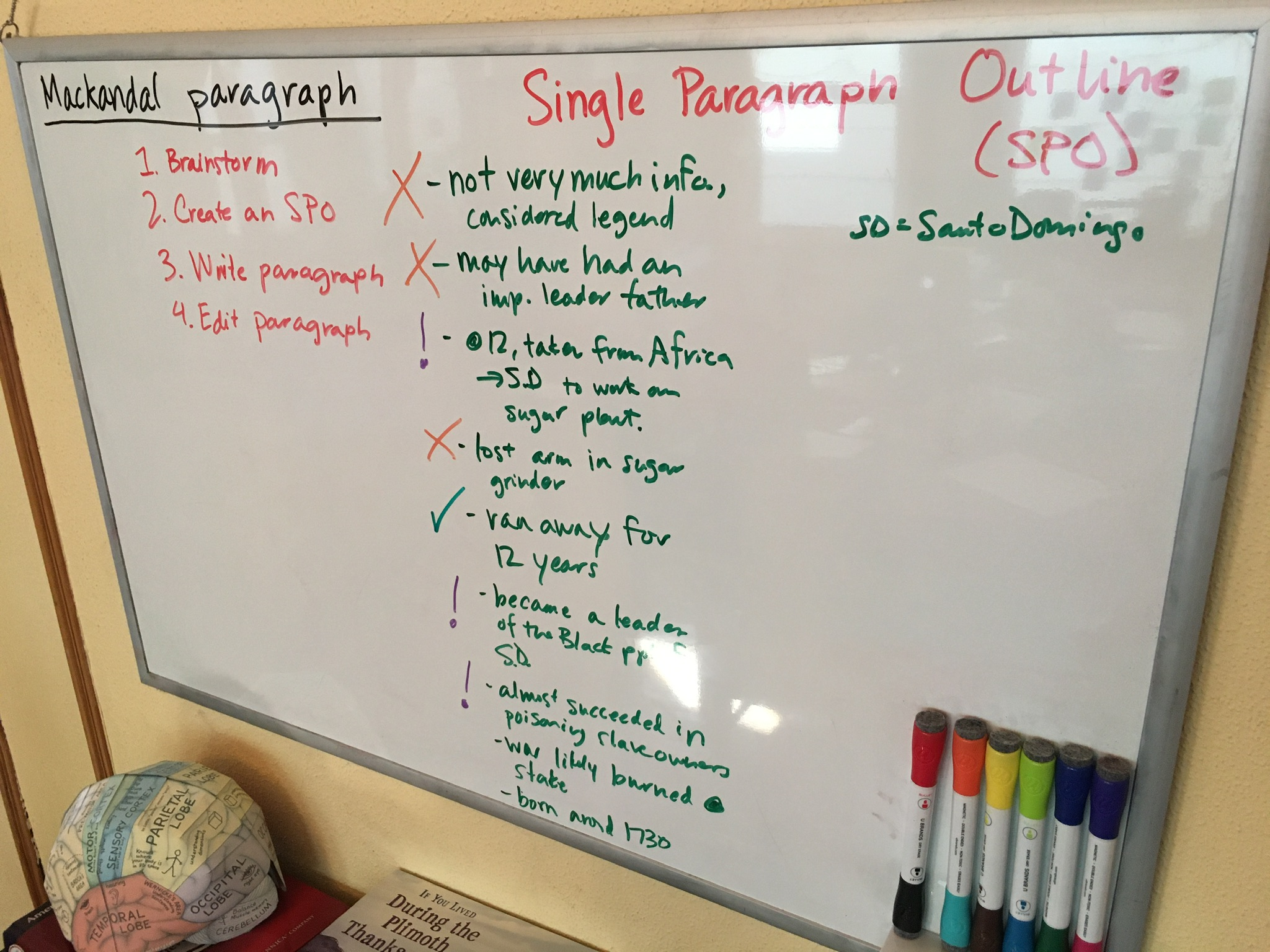 Our whiteboard, with our brainstormed notes about Mackandal, and our list of steps for writing a paragraph.