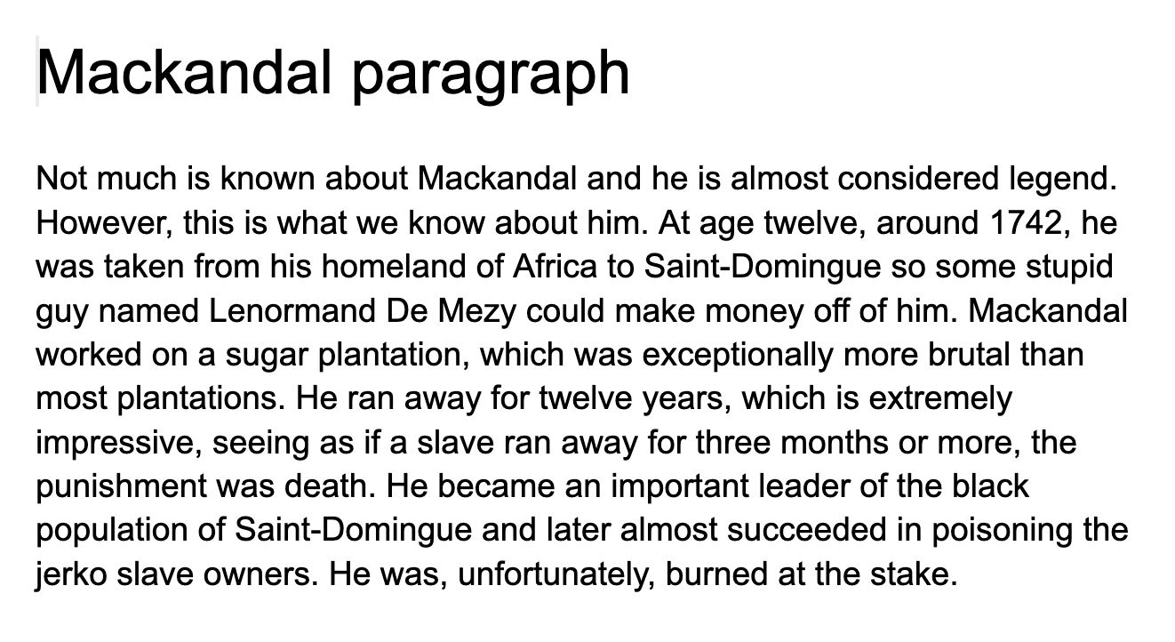 Image of the text of Wanda's final Mackandal paragraph; if you'd like a transcript, send me an email and I'll happily type one up for you!
