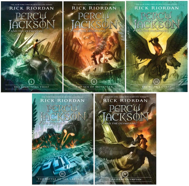 Book covers for the Percy Jackson series