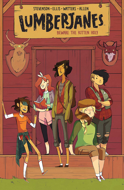 Five girls stand in a group at the door to their cabin on a book cover.