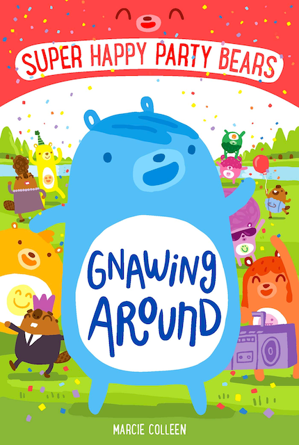 Book cover with a blue cartoon bear, with other cartoon woodland creatures partying in the background.