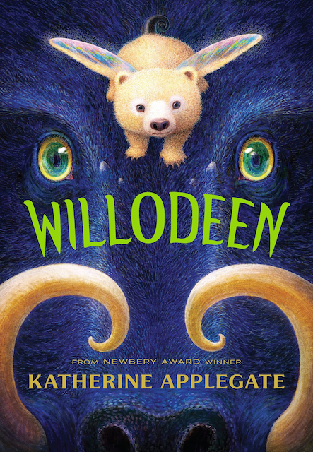 Book cover with a midnight blue boar-like creature's close-up face, with a small, winged, pale bear creature at its nose.
