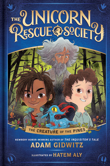 Book cover with two children, a small blue dragon, and an elderly man behind them.