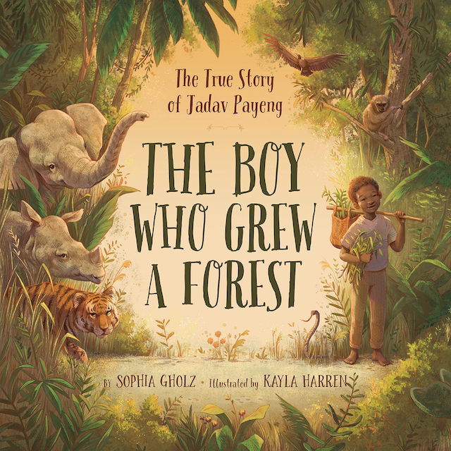 Picture book cover, with jungle animals and a small boy carrying plant materials.