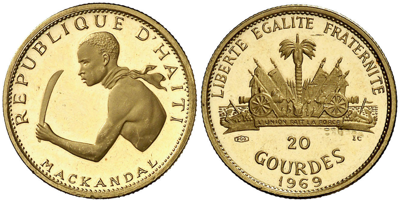 Two sides of a golden coin from Haiti, one side has Mackandal, wielding a blade, the reverse has a revolution scene.