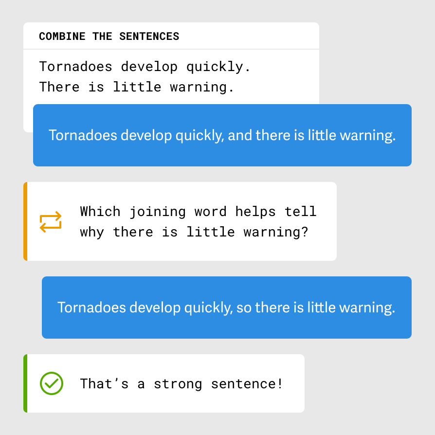A screenshot of an activity with guidance for combining two sentences with a conjunction.