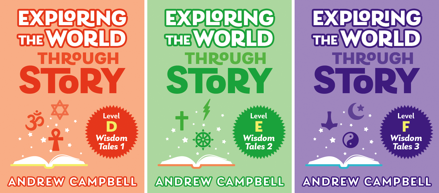 The covers of three levels of Exploring the World through Story side-by-side: D, E, and F