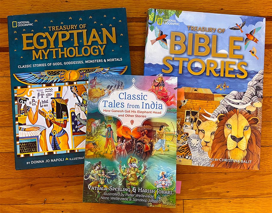 Three colorfully illustrated book covers: Classic Tales from India, Treasury of Egyptian Mythology, and Treasury of Bible Stories.