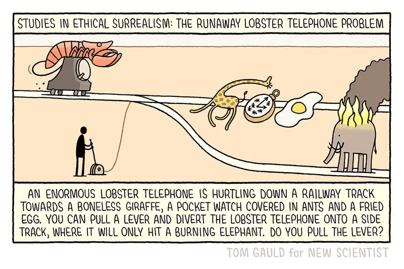 A drawing of the Trolley Problem is turned into a piece of surrealist art, with the train replaced by a lobster riding a rotary phone.