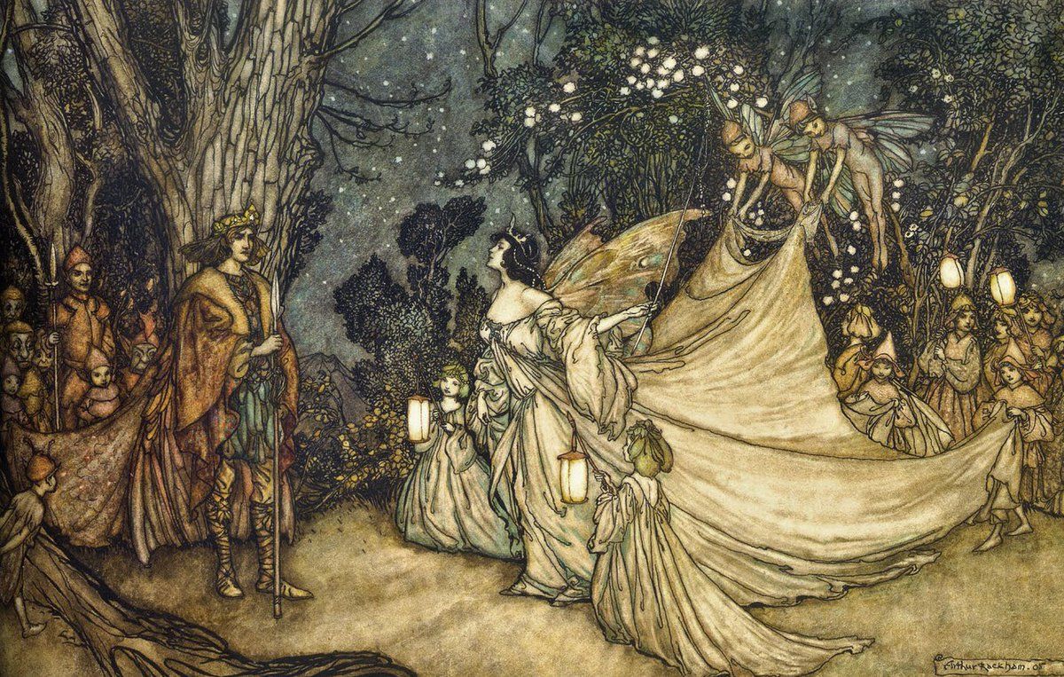 A color illustration of Oberon and Titania with their entourages in the forest.