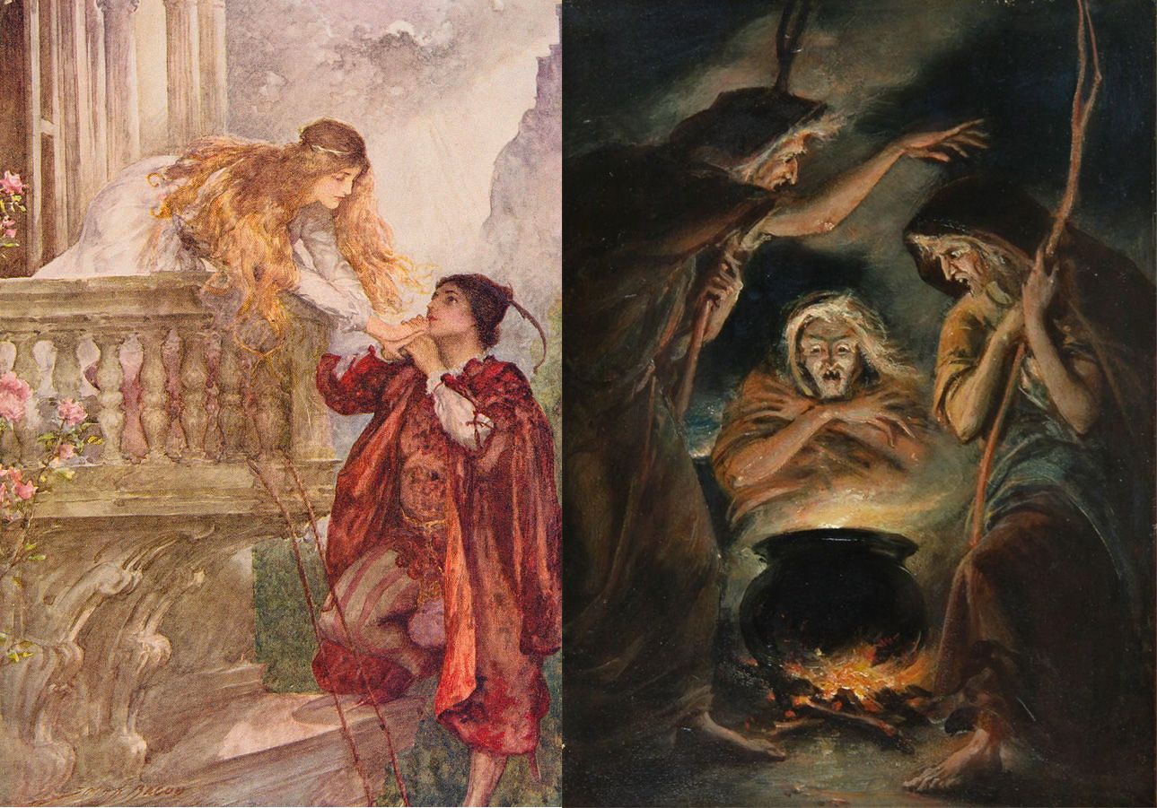 Two fine art paintings: a romantic scene from Romeo & Juliet, and a harsh scene of the witches from Macbeth.