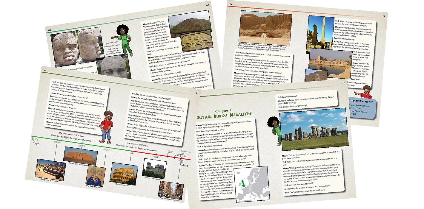 Four interior page spreads are shown. Each has a combination of paragraphs of text and full-color photos.