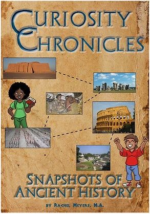 Cover of Snapshots of Ancient History. Two illustrated characters, a young Black woman and a young white man, among full-color photos of historic sites.