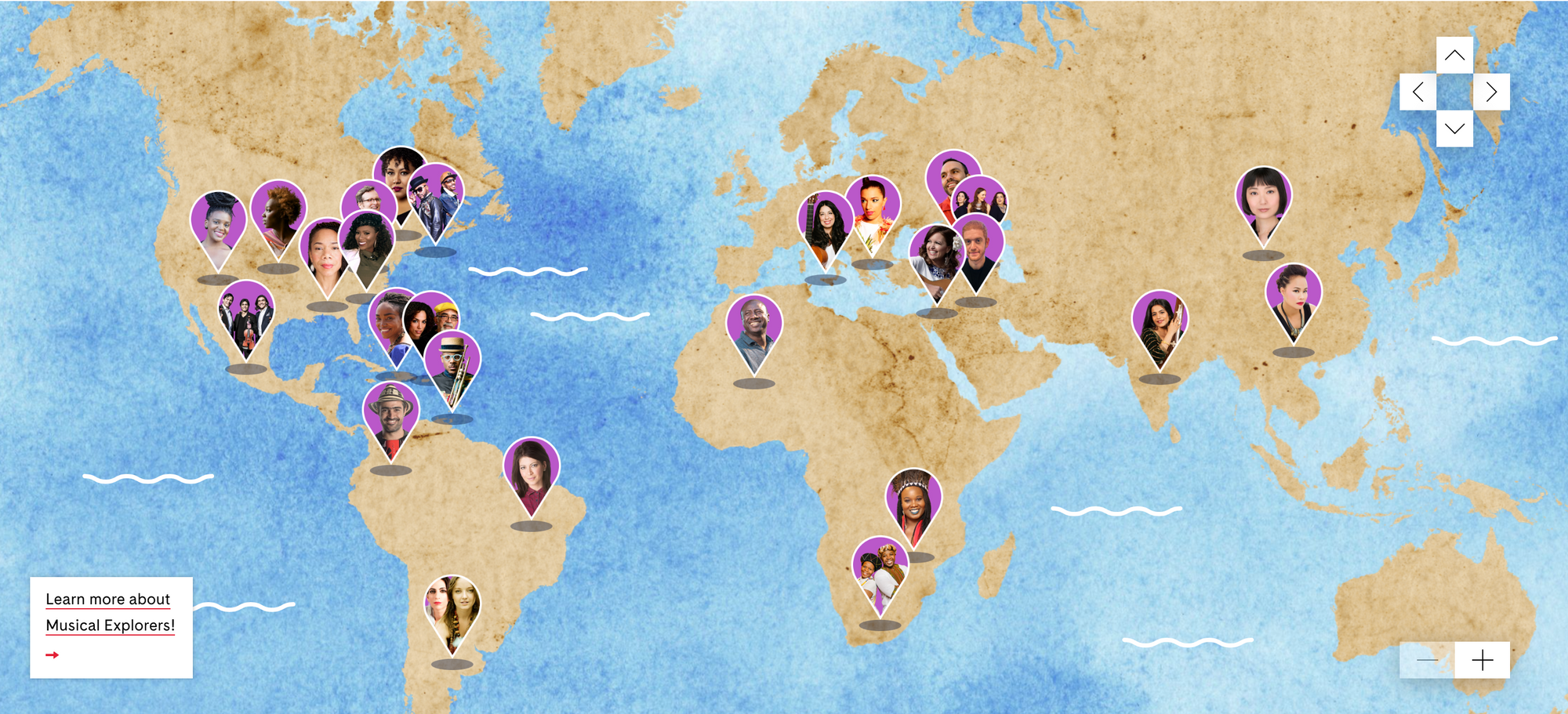 A world map has a couple dozen pins showing the origins of the musicians in the program.