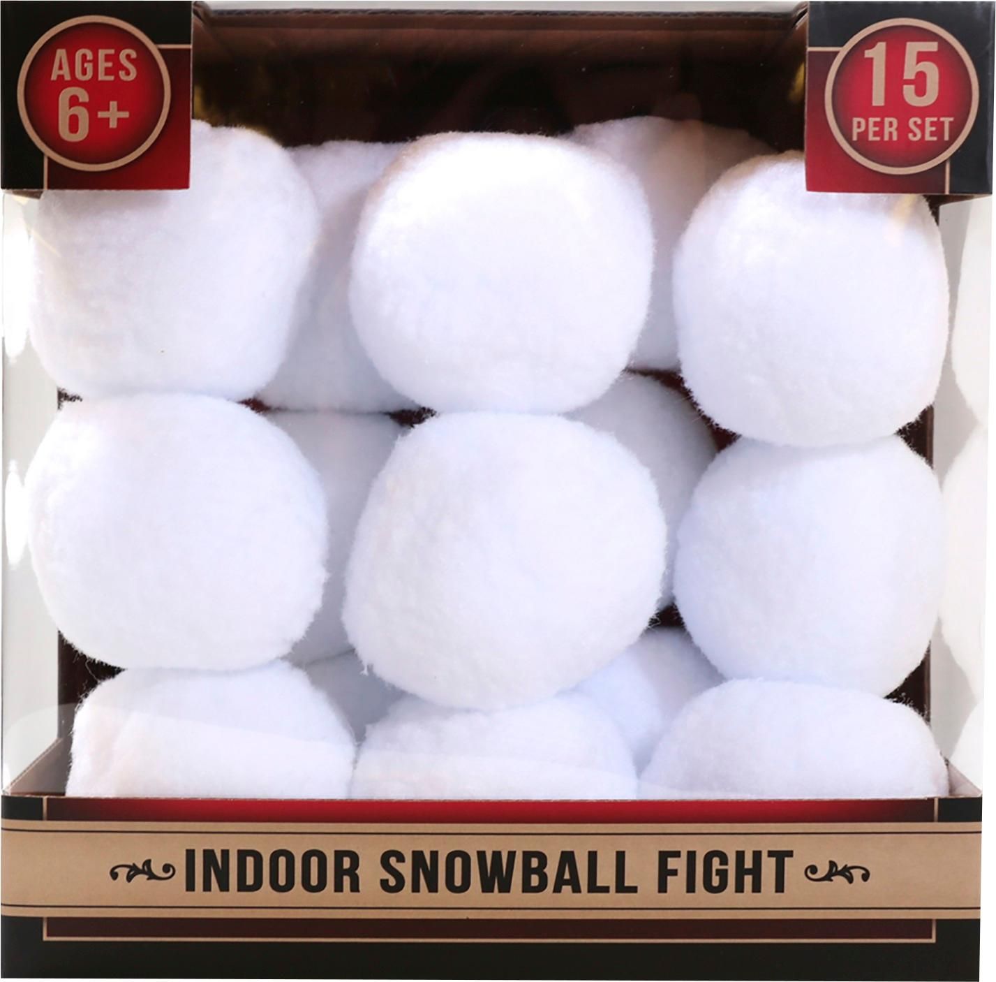 Package of fifteen white soft fabric balls, labeled "Indoor Snowball Fight."