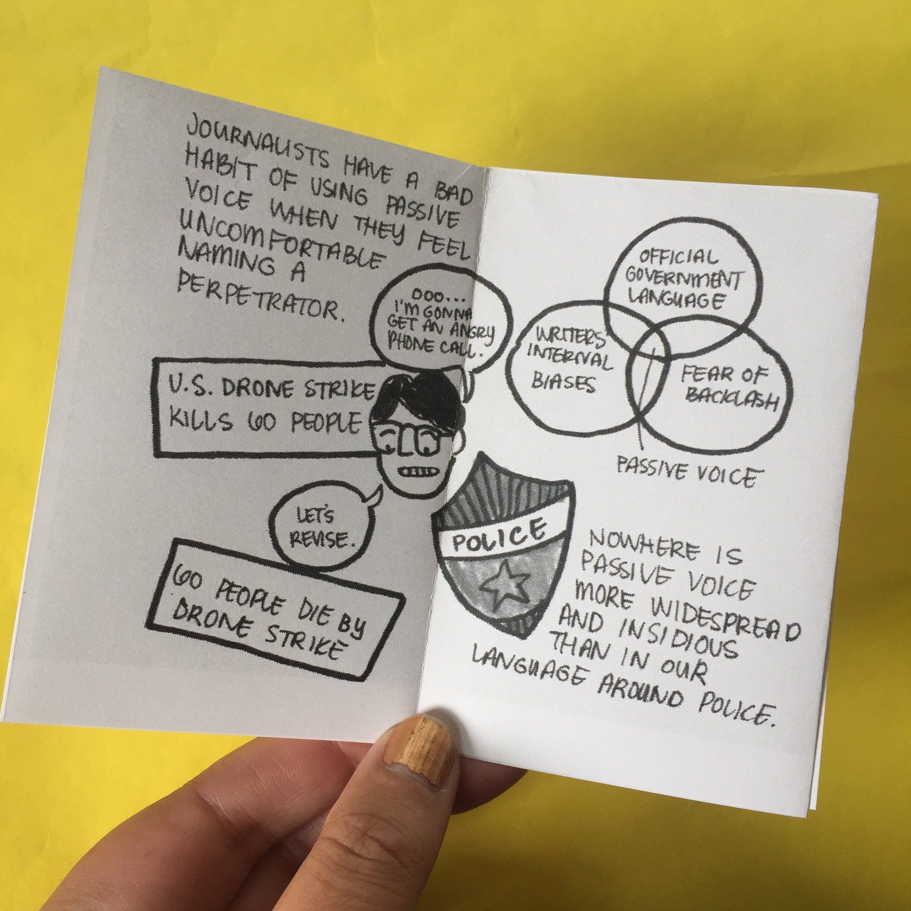 Interior of a small booklet demonstrating how passive voice shapes how we talk and think about current events.