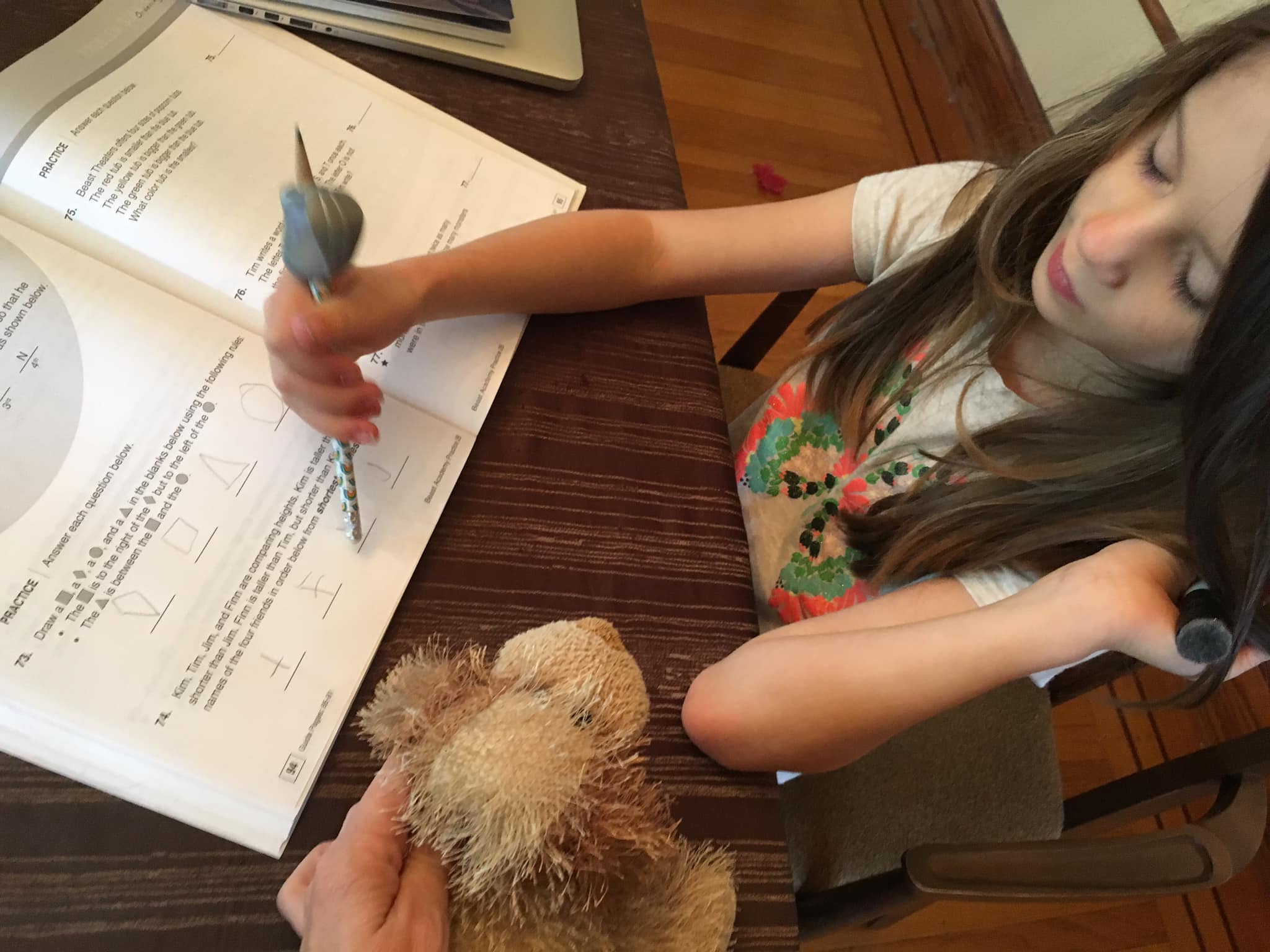 Wanda, seven years old, explaining a math problem to Tom the Dog, a small stuffed animal.