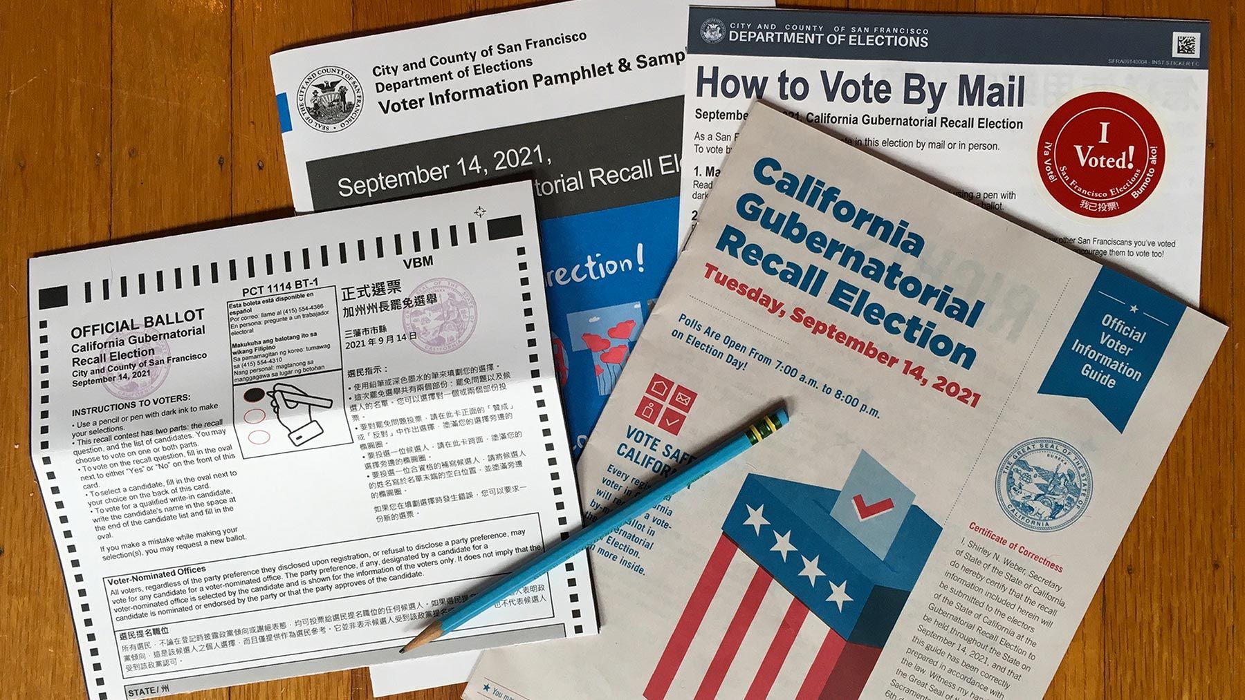 A ballot and voter information guides for the California gubernatorial recall election.