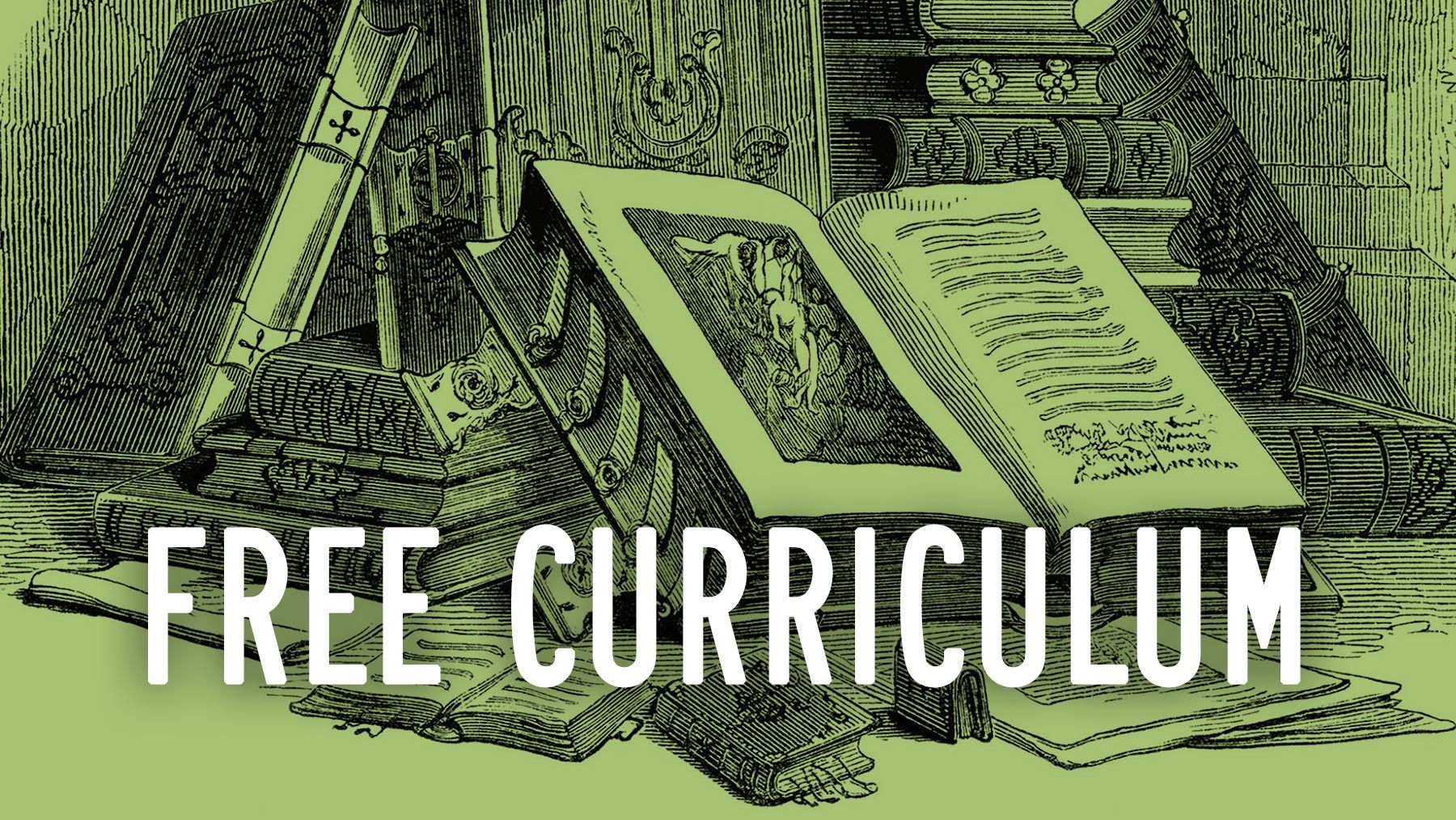 Vintage drawing of a stack of books, with the words FREE CURRICULUM