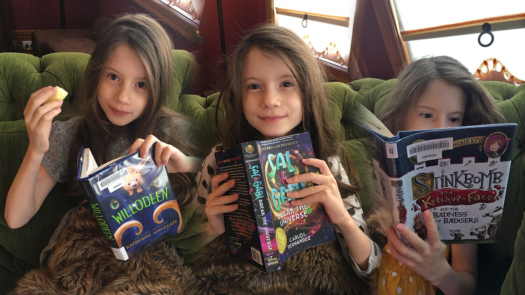 Three images of Wanda, age 8, reading chapter books.