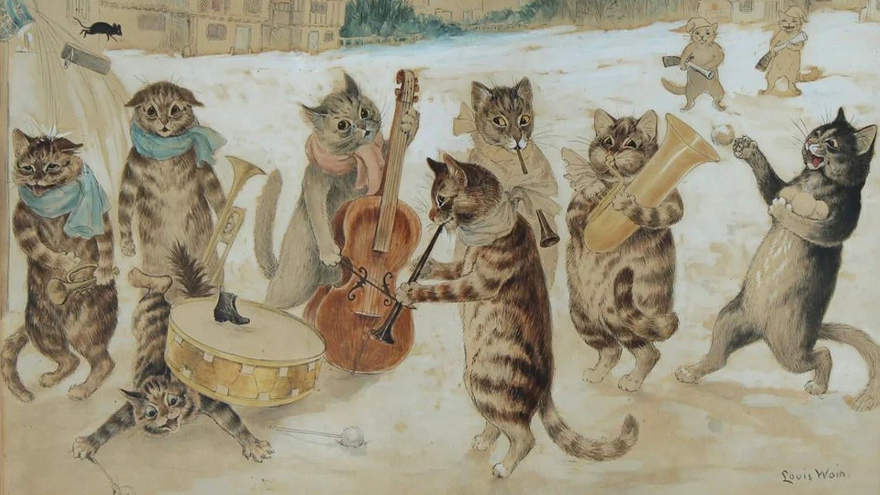 Illustration of cats playing musical instruments in the snow, by Louis Wain