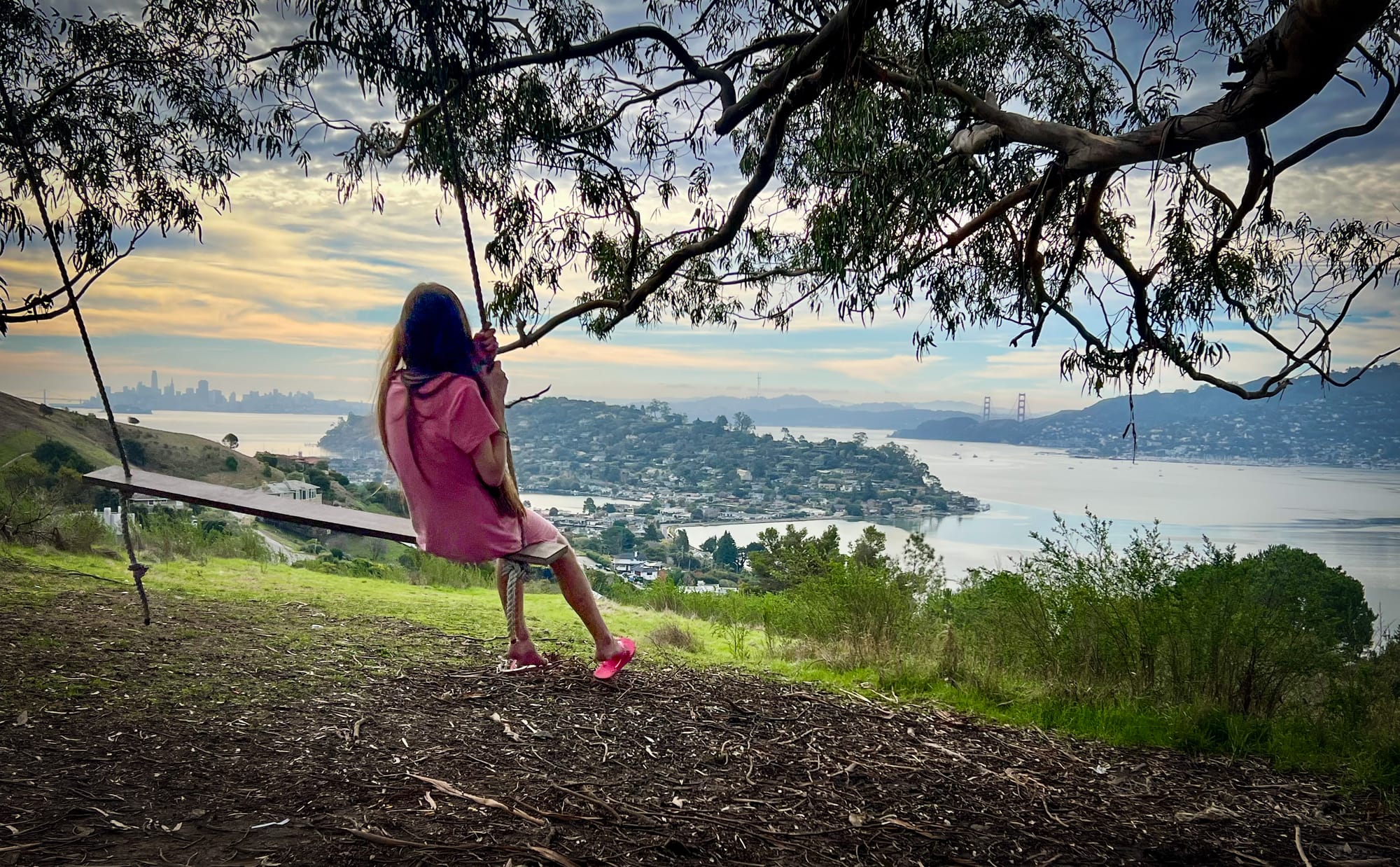 A preteen girl dressed in a pink t-shirt dress is on a tree swing overlooking San Francisco Bay.