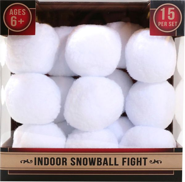 Package of fifteen white soft fabric balls, labeled "Indoor Snowball Fight."