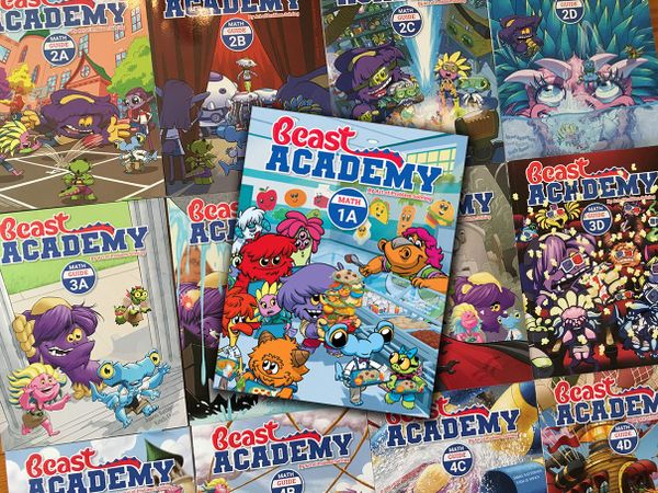 Beast Academy guides arranged in a tightly packed grid, with Beast Academy 1A on top.