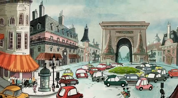 Painted background scene from a Disney animated Mickey Mouse short, showing L'arc du Triomphe in Paris.