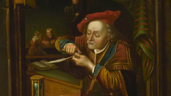 An old painting of a gray-haired man in 17th-century scholar garb, taking a knife to the tip of a feather quill.