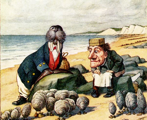 A walrus in a suit and a human carpenter are seated before about a dozen oysters, standing on twig legs with shoes on.