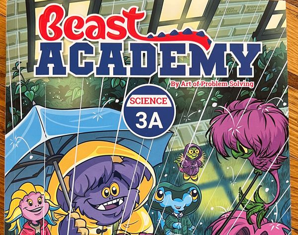The cover of Beast Academy Science 3A, with four cartoon beasts smiling in a hail storm.
