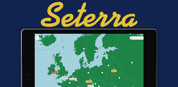 An iPad screen shows a map of Europe, with a script "Seterra" logo above.